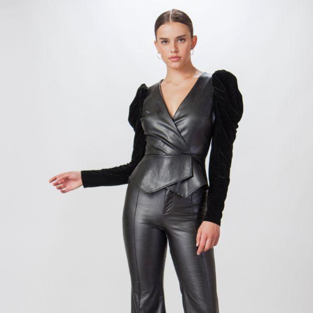 FAUX LEATHER AND VELVET PEPLUM TOP